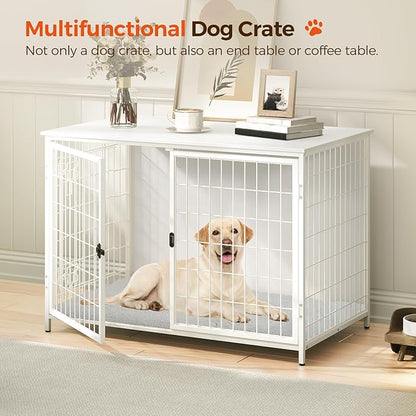 MAHANCRIS Dog Crate Furniture with Cushion, Wooden Dog Kennel with Double Doors, Heavy Duty Dog Cage for Small/Medium/Large Dogs, Indoor Dog House End Table, 39.4" L, White DCBW10701