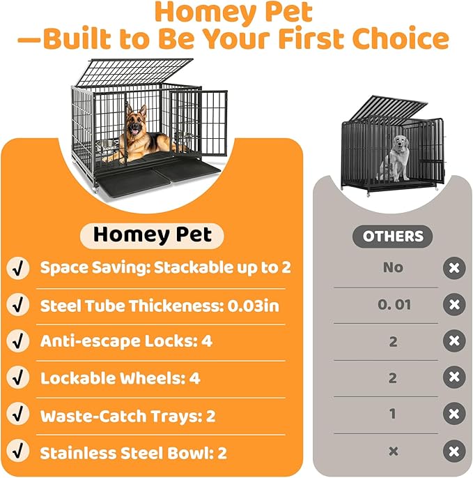 Homey Pet Two Tiers 47 Inch Heavy Duty Indestructible Dog Crate, Stackable Escape Proof Dog Cage Kennel Indoor with Two Removable Trays, Metal Grids, Wheels, Bowls, Double Doors for Large Dogs(6 Pack)