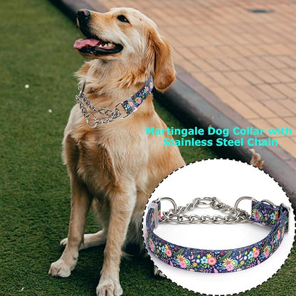Martingale Collar for Dogs with Chain,Adjustable Nylon Floral Slip No Pull Training Dog Collars for Medium, Large & XL Dogs(Floral L)