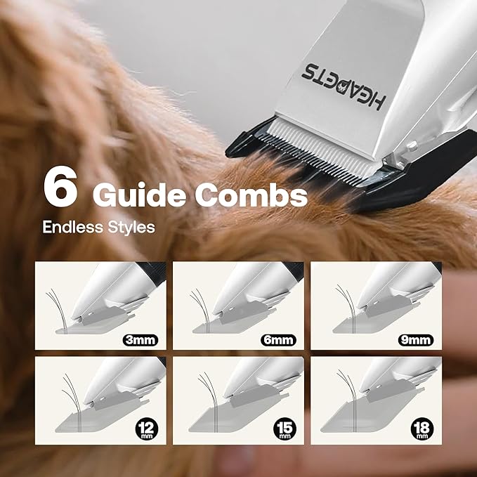 HEAPETS Dog Grooming Clippers, Low Noise, Electric Quiet, Adjustable Clipper Comb, Rechargeable Cordless Dog Hair Clippers for Dogs Cats Pets, White