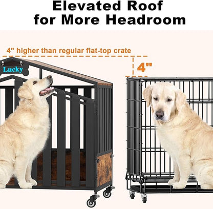 EasyCom 41“ XL Heavy Duty Dog Crate Furniture, Dogs Kennel Indoor with 360° Wheels, Dog Crates for Medium Dogs(35-60lb), Wooden Dog Cage with Feeding Window and Name Tag, Dog House, Rustic Brown