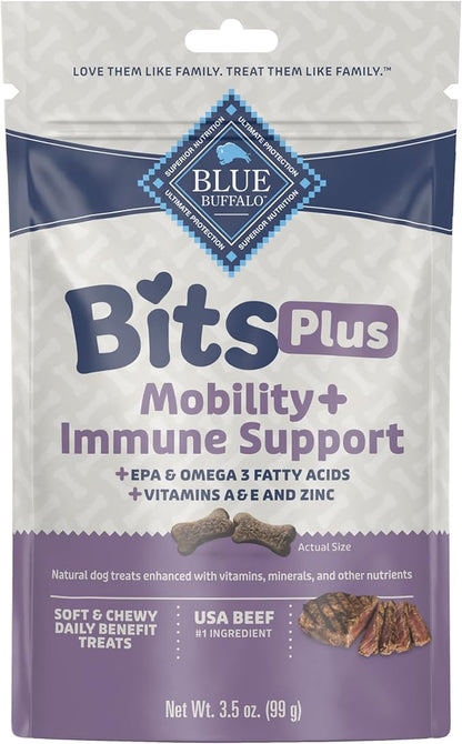 Blue Buffalo Blue Bits Plus Mobility and Immune Support Daily Benefit Dog Treats, Soft & Chewy Beef Morsels, 3.5-oz. Bag