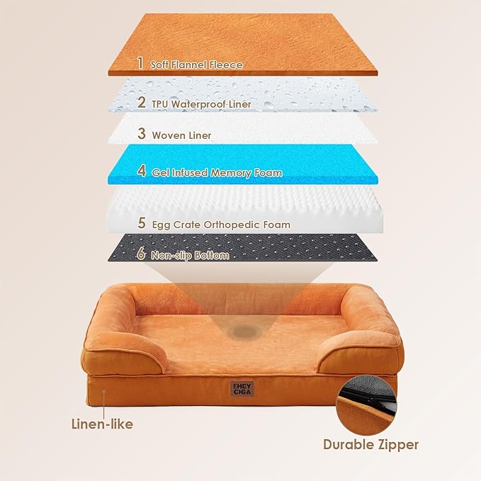 EHEYCIGA Orthopedic Dog Beds for Large Dogs, Waterproof Memory Foam Large Pet Bed with Sides, Non-Slip Bottom and Egg-Crate Foam Dog Couch Bed with Washable Removable Cover,Pumpkin Orange