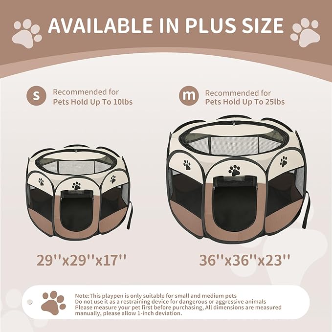 Dog playpen, Foldable Puppy Playpen, Pet Playpen Carrier Pop Up Tent 8-Panel Mesh Cover Adorable Design 600D Soft Oxford Playpen Kennel for Indoor-Outdoor Dog Cat Rabbit. (M 35" 35" 24", Brown)