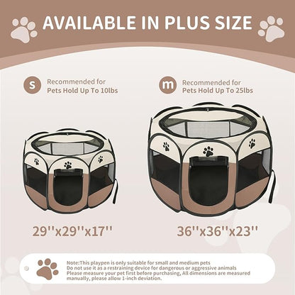 Dog playpen, Foldable Puppy Playpen, Pet Playpen Carrier Pop Up Tent 8-Panel Mesh Cover Adorable Design 600D Soft Oxford Playpen Kennel for Indoor-Outdoor Dog Cat Rabbit. (M 35" 35" 24", Brown)
