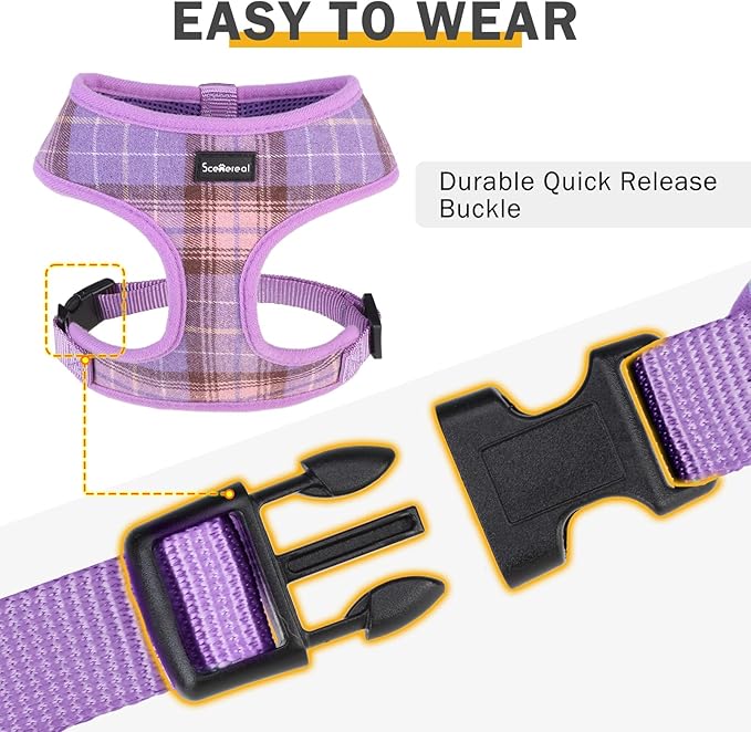 SCENEREAL No Pull Dog Harness with Leash Set for Small Dogs - Breathable Soft Mesh Vest, Plaid Design for Daily Walking Training, Fits Chihuahua Bulldog, Purple Size S