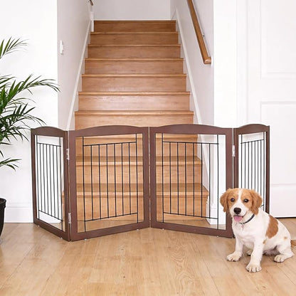 ZJSF Freestanding Foldable Dog Gate for House Extra Wide Wooden Brown Puppy Gate Stairs Dog Gates Doorways Tall Pet Gate 24 "Height 4 Panels Pet Fence
