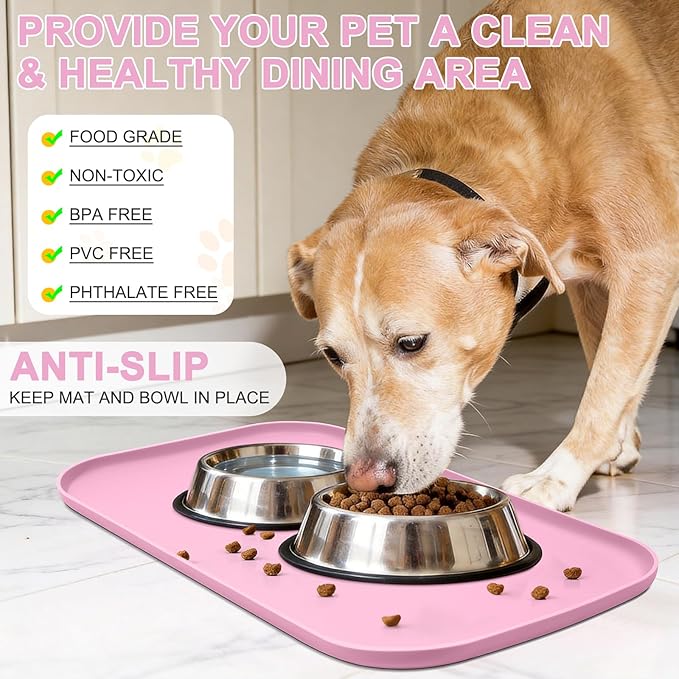 Smilool Silicone Pet Food Mat with Raised Edge for Food and Water Bowl, Dog Feeding Mats, Cat Food Trays for Floor Waterproof, Rubber Tray for Dogs and Cats, 22 x 14 x 0.8 Pink
