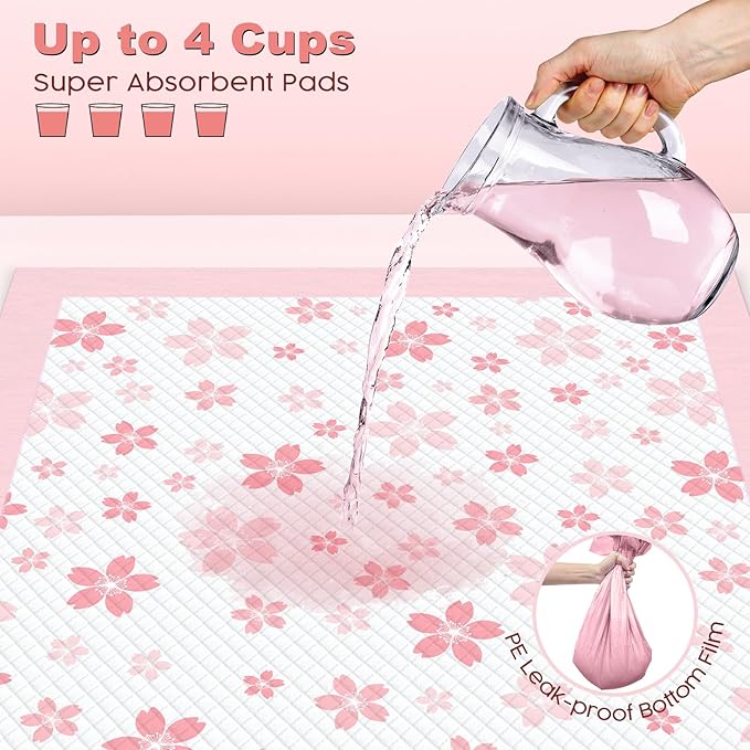 MIZOK Puppy Pads 22"x22", Pee Pads for Dogs 6-Layer Absorbency & Leak-Proof, Pink Cherry Blossom Prints, 4-Corner Adhesive Tabs, Wee Wee Pads for Small Dog Breeds (30 Counts)