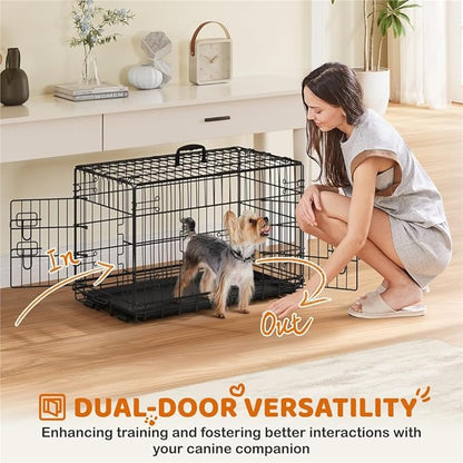 Yaheetech 30 inch Double Door Dog Crate w/Divider for Puppy, Collapsible Metal Dog Kennel with Removable Tray, Portable Travel Cage, Black