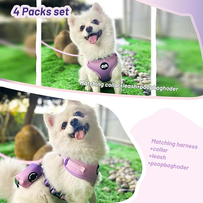 Dog Harness Collar Leash Combo,No Pull Adjustable Vest Cute for Small Puppy Medium Girl/Boy Pets with Poop Bag Holder(XSmall,Purple)