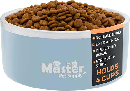 Master Pet Supply Stainless Steel Dog Bowls - 32 oz, Heavy Duty - Glacier Blue, Double Wall Extra-Thick Insulated, Non-Slip Pet Water Bowl for Dogs, Cats & Pets, Anti Rust Metal, Dish Washer Safe