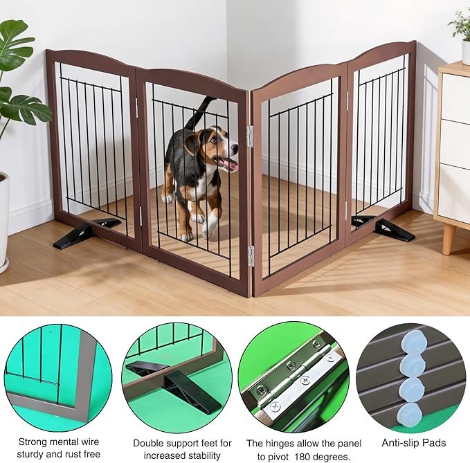 ZJSF Freestanding Dog Fence Indoor, Foldable Dog Gate for Doorways, Stairs or Hallways, Sturdy Wood Extra Wide Pet Gate with Support Feet for The House, Brown, 32 "Height-4 Panels