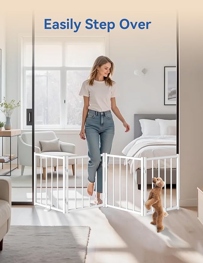 BFNN Free Standing Dog Gate, 16.5" High Short Pet Gate for Stairs and Doorways, Up to 48" Wide Foldable Puppy Fence, Indoor & Outdoor Use, No Drilling and No Assembly, for Small & Toy Dogs, White