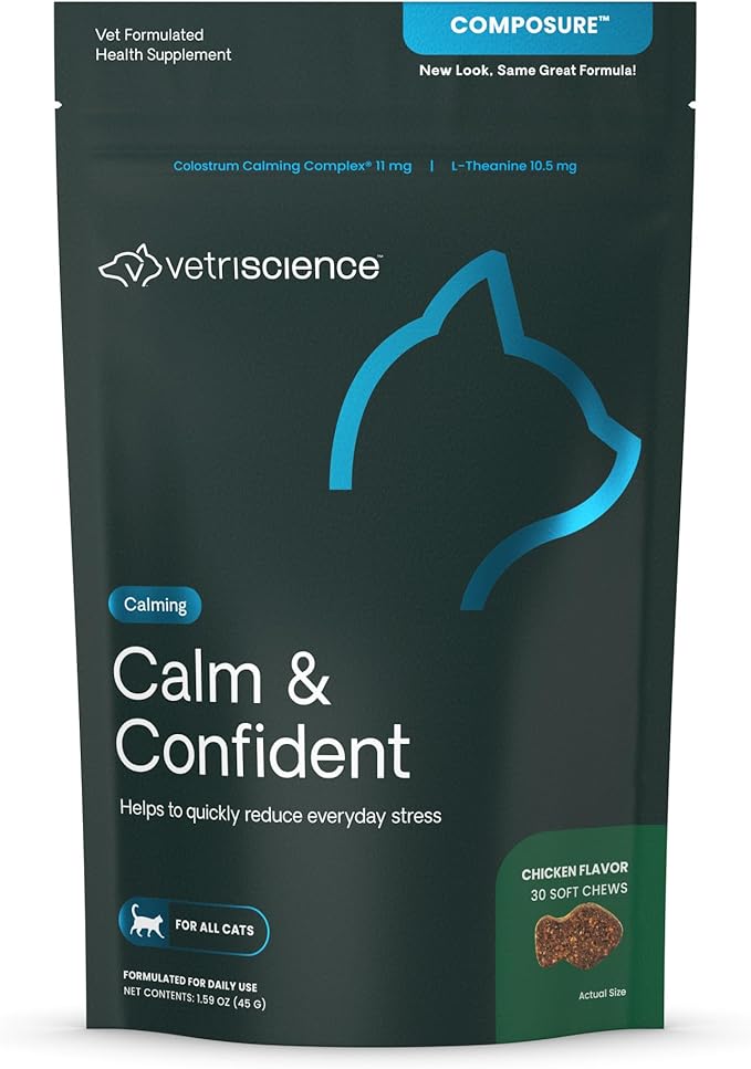 VetriScience Calm & Confident Chews, Composure Calming and Anxiety Supplement for Cats, Reduce Stress and Fear, Ideal for Travel, Vet, Grooming and Routine Changes, Chicken, 30 Count