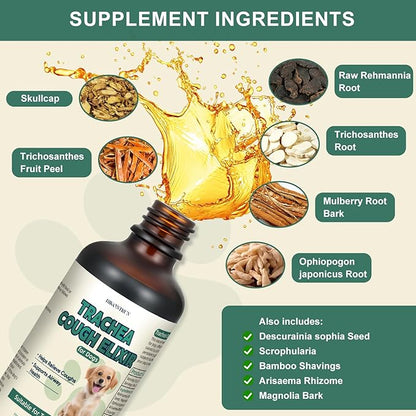 Trachea Cough Elixir for Dogs, Collapsed Trachea Support & Dry Honking Cough Relief, Herbal Airway Comfort Drops for Small Breeds, Helps Promote Smooth Breathing, Easy-to-Administer Liquid - 59 mL