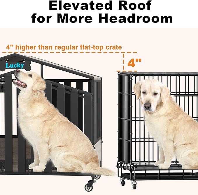 EasyCom 41“ Heavy Duty Dog Crate Furniture, Dogs Kennel Indoor with 360° Wheels, Decorative Dog Kennels for Medium Dogs, Dog Crate with Feeding Window and Name Tag, Dog House, Oak Grey