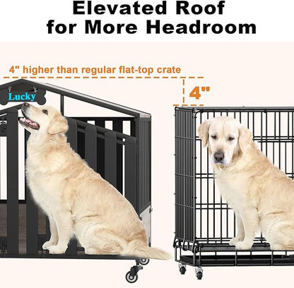 EasyCom 41“ Heavy Duty Dog Crate Furniture, Dogs Kennel Indoor with 360° Wheels, Decorative Dog Kennels for Medium Dogs, Dog Crate with Feeding Window and Name Tag, Dog House, Oak Grey