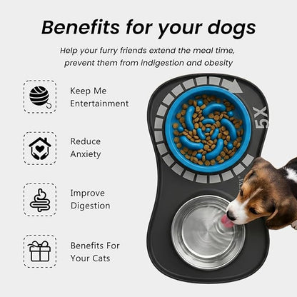 YINEYA Slow Feeder Dog Bowls Stainless Steel Food and Water Bowl Set 3 in 1 No Spill Waterproof Silicone Pet Food Mat Puppy Feeding Station for Large Medium Small Breed Non Slip Metal Dish Tray
