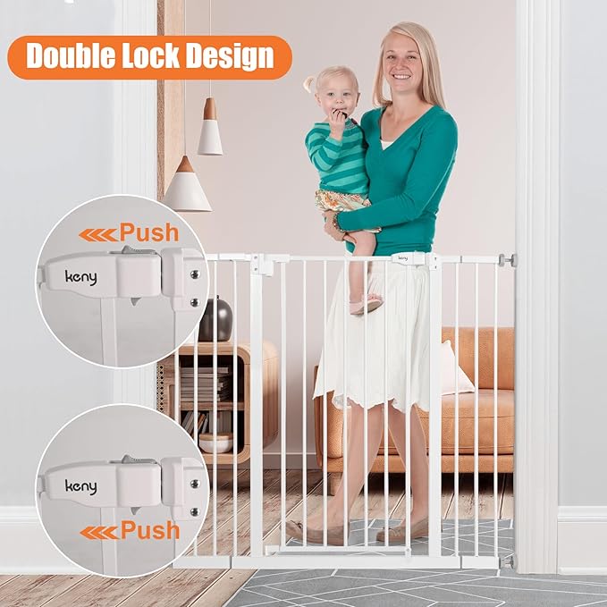 keny 36" Extra Tall Baby Gate for Stairs, 29"-42.5" Wide Auto Close Dog Gate, Pressure Mounted Easy Walk Through Pet Gate for Doorways, Durable Safety Stair Gate, White