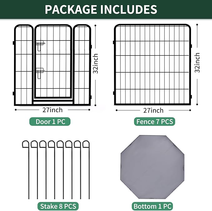 PETIME Dog Playpen,Metal Exercise Puppy Pen Heavy Duty Kennels Yard Fence Indoor/Outdoor 27" W x 32" H 8 Panels Dog Cage with Octagon Bottom Pad