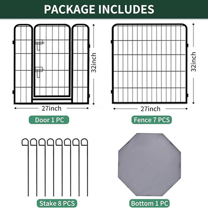 PETIME Dog Playpen,Metal Exercise Puppy Pen Heavy Duty Kennels Yard Fence Indoor/Outdoor 27" W x 32" H 8 Panels Dog Cage with Octagon Bottom Pad