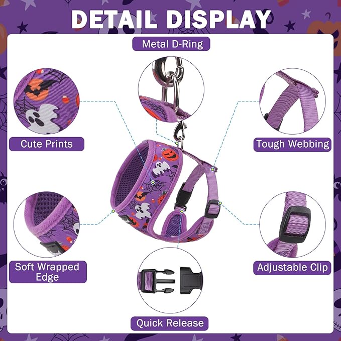 SCENEREAL Halloween Small Dog Harness Collar and Leash Set, Adjustable No Pull Pet Harnesses, No Chock Soft Mesh Vest Costume for Doggie Puppy Dogs Cats Girl Boy Outdoor Walking