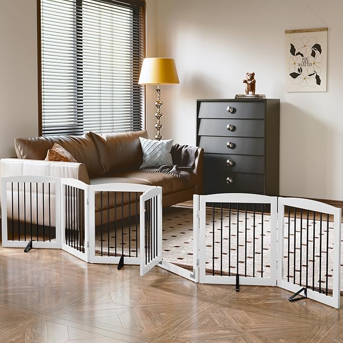 PUPETPO Freestanding Pet Gates with Walk Through Door, Dog Indoor Fence, Dog Gate for The House, Stairs, Extra Wide Pet Gate, Support Feet Included, 120 Inch Wide, 6 Panels 24" Tall, White & Black