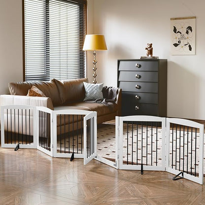 PUPETPO Freestanding Pet Gates with Walk Through Door, Dog Indoor Fence, Dog Gate for The House, Stairs, Extra Wide Pet Gate, Support Feet Included, 120 Inch Wide, 6 Panels 24" Tall, White & Black