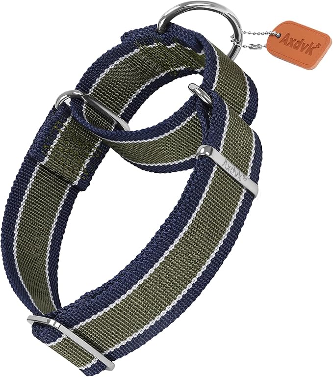 Martingale Collar 1.5 Inch Wide 1600D Extra Strong Anti Escape Nylon Dog Collar, No Pull Heavy Duty Dog Collar with 3-Color Stripe for Large to XLarge Dogs (L, Army Green & Gray)