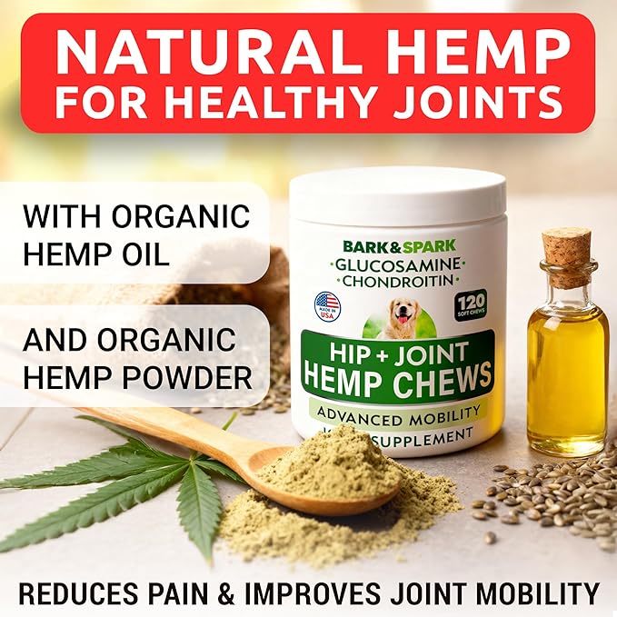 Hip&Joint Hemp Chews for Dogs - Max Strength Glucosamine Chondroitin for Dogs - Dog Joint Pain Relief Treats - Mobility & Flexibility Support - Advanced Joint Care - MSM - Made in USA (120Ct)