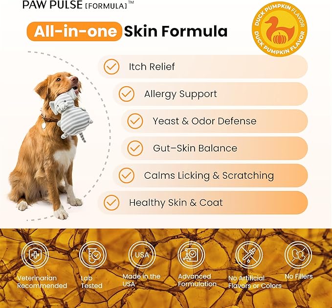 PAWPULSE FORMULA Dog Allergy Relief Chews, Itching Skin Relief for Yeast, Redness and Hotspots, Support Immune and Seasonal Allergy with Probiotics & Omega-3, 90 Chews