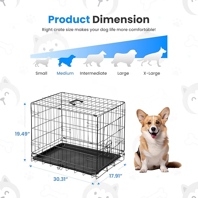 HealSmart 30" Single Door Pet Crate, Sturdy Foldable Metal Wire Dog Cage with Leak-Proof Tray, Portable Indoor & Outdoor Pet Kennel for Travel and Home Use