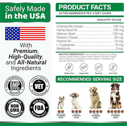 Hemp Calming Chews for Dogs - Advanced Dog Calming Chews - 170 Chews - Anxiety Relief Treats - Separation Aid, Barking, Stress Relief, Thunderstorms - Melatonin - Hemp Oil - Made in USA