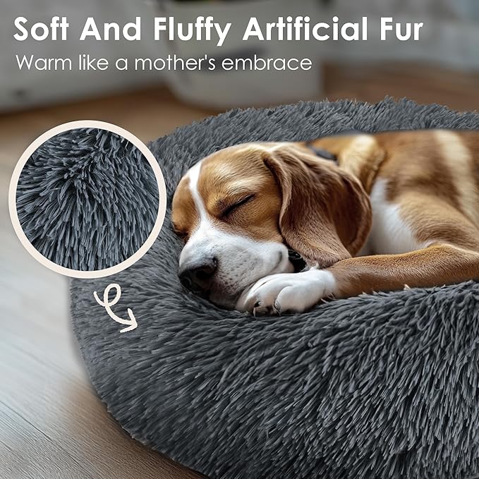 28in Large Dog Bed, Medium Size Dog and Cats, Calming Donut Bed for Puppy and Kitten, Washable Round Fluffy Pet Bed (Dark Grey)