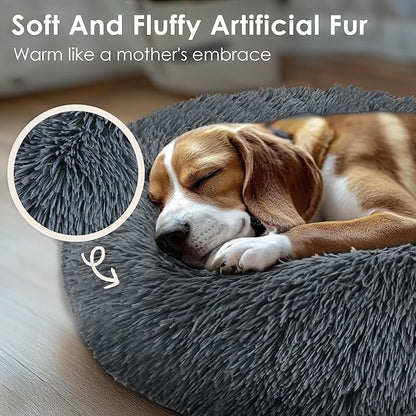28in Large Dog Bed, Medium Size Dog and Cats, Calming Donut Bed for Puppy and Kitten, Washable Round Fluffy Pet Bed (Dark Grey)