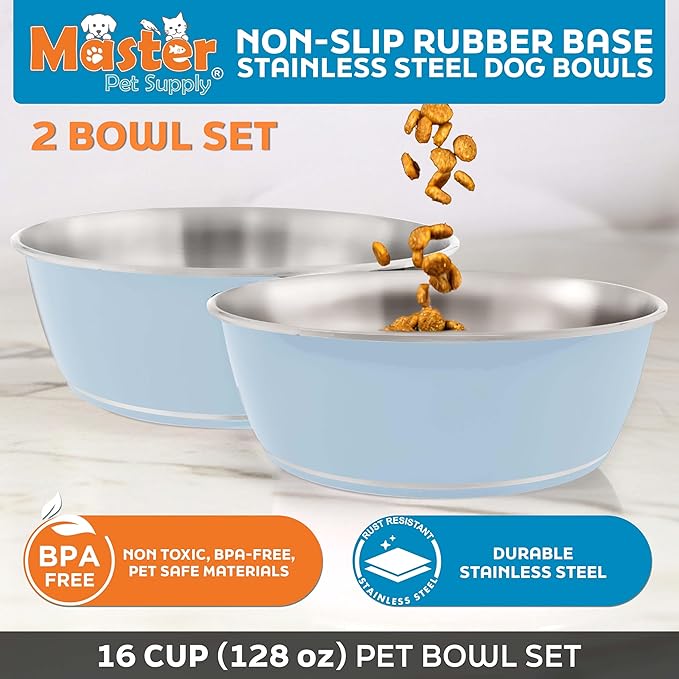 Master Pet Supply Stainless Steel Dog Bowls Set of 2 (128 Oz Each) with Non-Slip Rubber Base - Glacier Blue - Basic Dog Food Bowl Water & Food Bowls for Small Medium Large Dogs & Cats, Metal Dish
