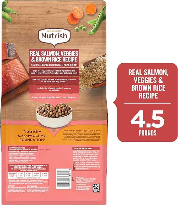 Nutrish Rachael Ray Adult Dry Dog Food Real Salmon, Veggies & Brown Rice Recipe, 4.5 lb. Bag