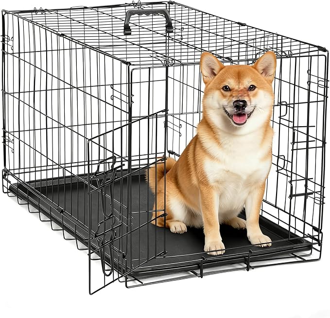 HealSmart 30" Single Door Pet Crate, Sturdy Foldable Metal Wire Dog Cage with Leak-Proof Tray, Portable Indoor & Outdoor Pet Kennel for Travel and Home Use