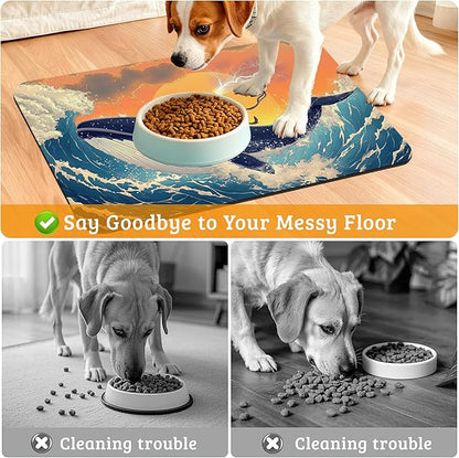 Dog Bowl Mat,Cat Shark Pet Feeding Mat for Floors Waterproof,Ocean Wave Absorbent Dogs Placemat for Food and Water Quick Dry Pet Cat Feeding Mats with Non Slip Bottom 16" x 24"