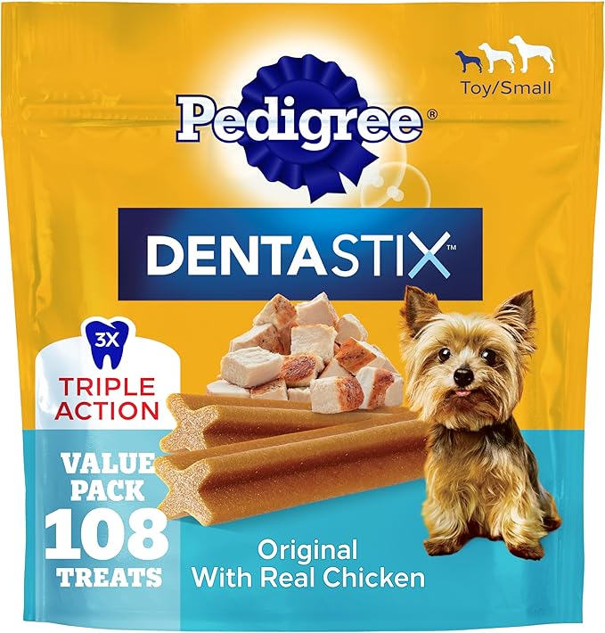 Pedigree Dentastix Dental Chews for Dogs, Small and Toy Breed Dog Treats, Original with Real Chicken, 1.63 lb. Bag (108 Treats Total)