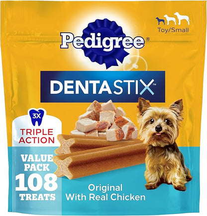 Pedigree Dentastix Dental Chews for Dogs, Small and Toy Breed Dog Treats, Original with Real Chicken, 1.63 lb. Bag (108 Treats Total)