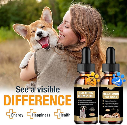 Hemp Oil & Melatonin for Dogs, Day & Night Calming Drops Support Set, Helps with Anxiety, Stress, Aggression, Separation, Relaxation & Sleep Aid