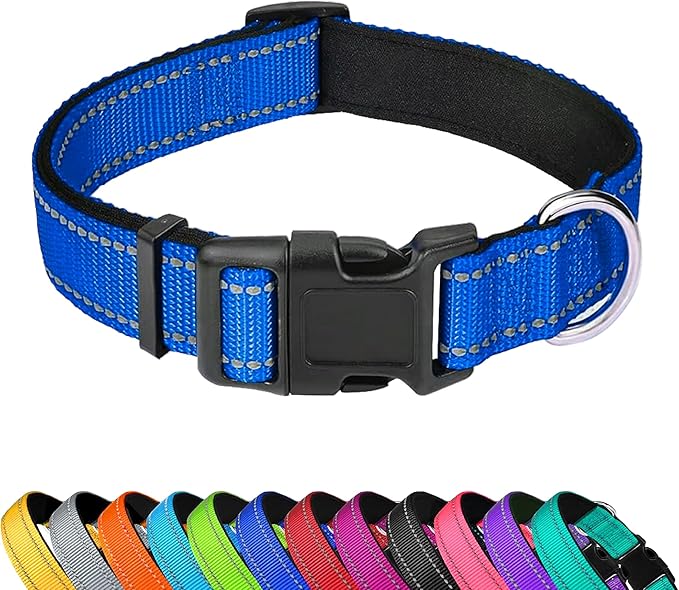 Reflective Dog Collar, Adjustable Soft Neoprene Padded Nylon Pet Collars with Buckle for Small Dogs, Navy Blue,S