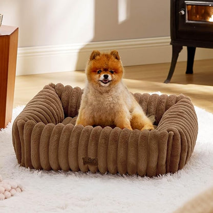 Bedsure ComfyFleece™ Cute Dog Bed for Small Medium Dogs - Washable Furry Puppy Beds, Rectangle Orthopedic Corduroy Fleece Pet Beds with Removable Zipper Cover, 25x21x7inches, Camel Brown