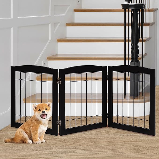 LZRS 3-Panel Freestanding Foldable Wooden Dog Gate –Solid Wood & Steel Wire Chew-Resistant Indoor Safety Pet Fence for Doorways & Stairs, Ideal for Small to Medium Dogs & Puppies, Black