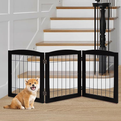 LZRS 3-Panel Freestanding Foldable Wooden Dog Gate –Solid Wood & Steel Wire Chew-Resistant Indoor Safety Pet Fence for Doorways & Stairs, Ideal for Small to Medium Dogs & Puppies, Black