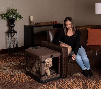 Pet Gear “The Other Door” 4 Door Steel Crate for Dogs/Cats with Garage-Style Door, Includes Plush Bed + Travel Bag, No Tools Required, New Chocolate, 27 Inch