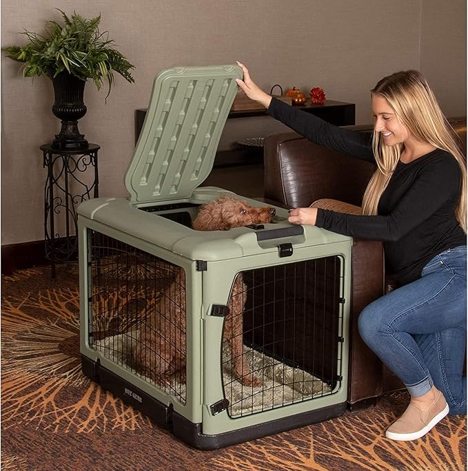 Pet Gear “The Other Door” 4 Door Steel Crate for Dogs/Cats with Garage-Style Door, Includes Plush Bed + Travel Bag, No Tools Required, Sage, 36 Inch