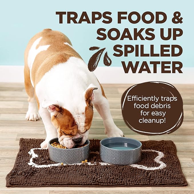 Soggy Doggy Slopmat Dog Food Mat – Absorbent Microfiber Chenille Pet Feeding Mat for Food & Water Bowls, Muddy Paws Small Doormat, Non-Slip, Machine Washable Rug – Chocolate/Oatmeal Bone, 18” x 24”
